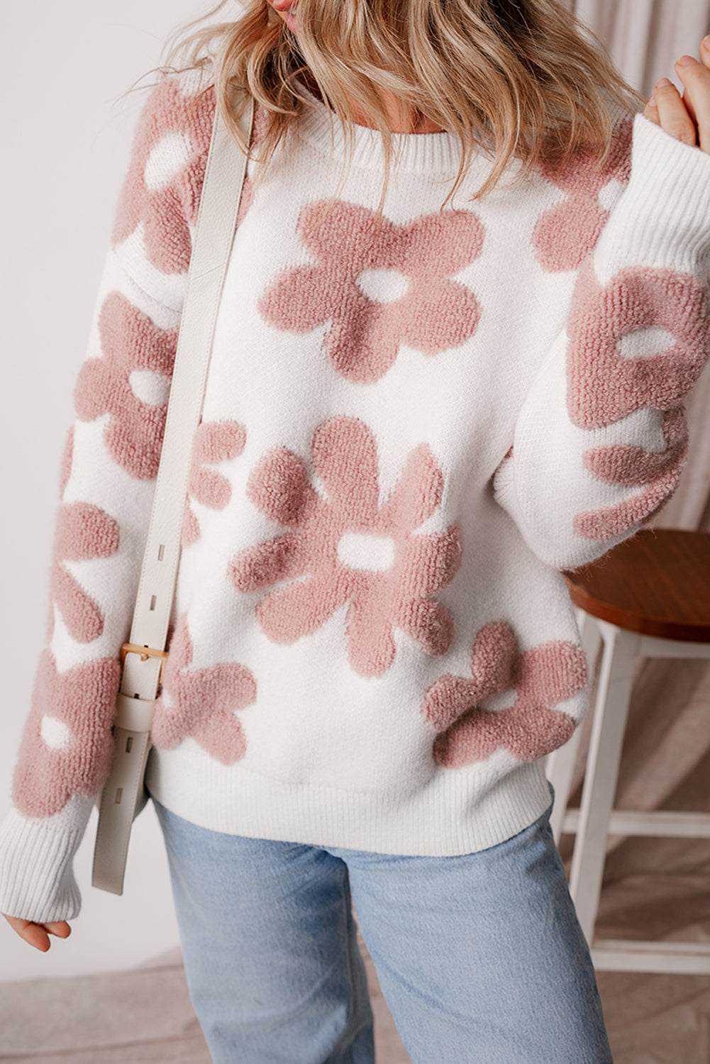 Textured Flower Drop Shoulder Loose Sweater