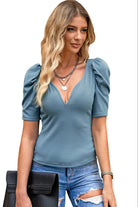 Sky Blue Ribbed Knit V Neck Ruched Sleeve Top