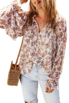 Boho Floral Print Split V Neck Bubble Sleeve Blouse