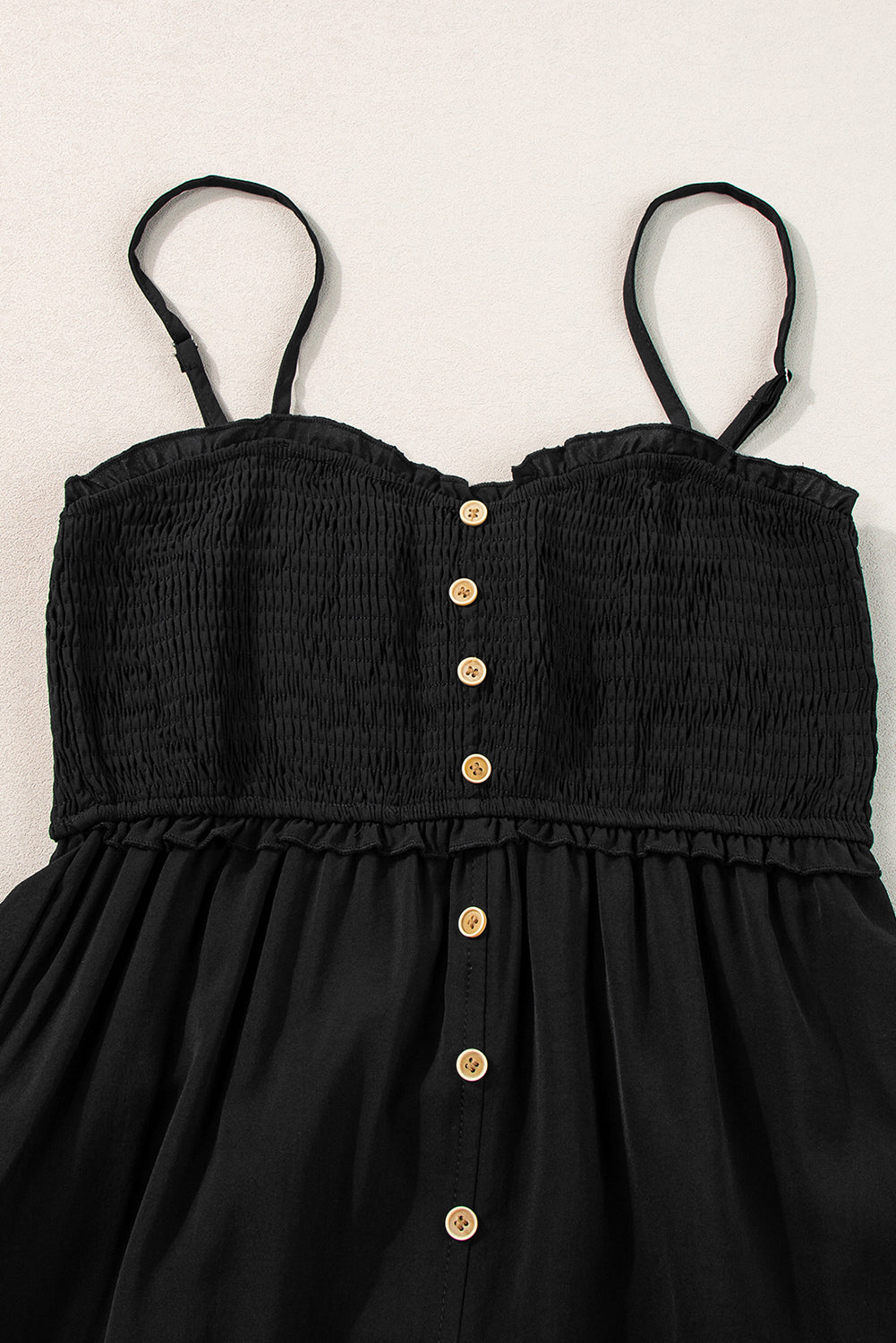 Spaghetti Straps Smocked Front Slit Buttoned Dress