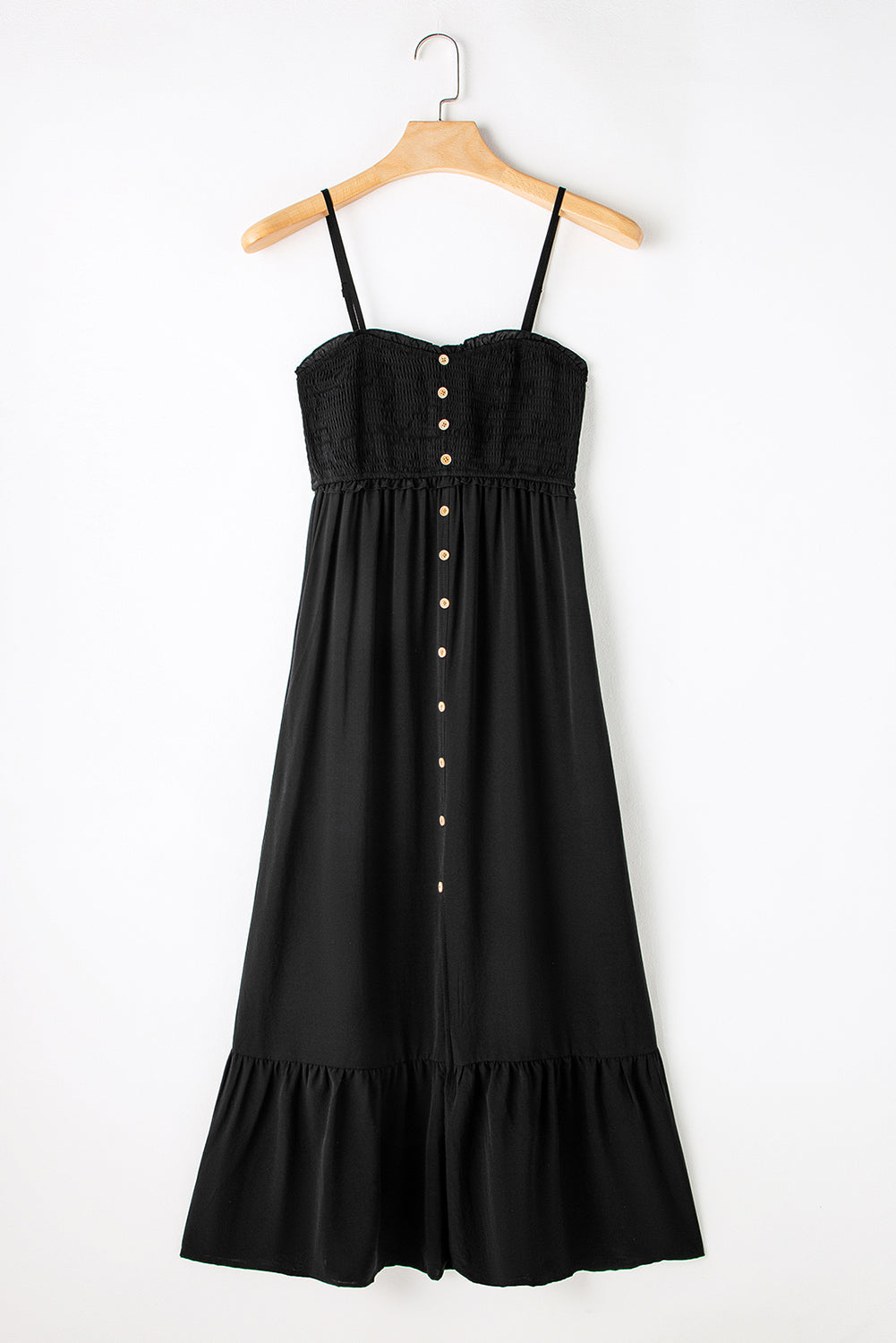 Spaghetti Straps Smocked Front Slit Buttoned Dress