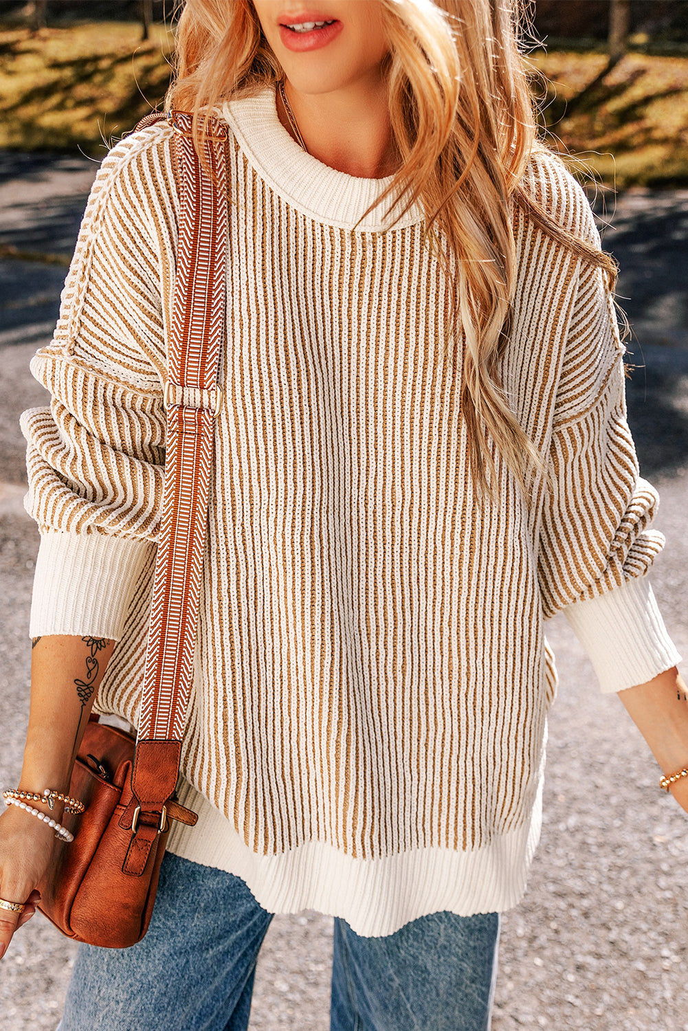 Striped Textured Knit Contrast Edge Loose Sweater