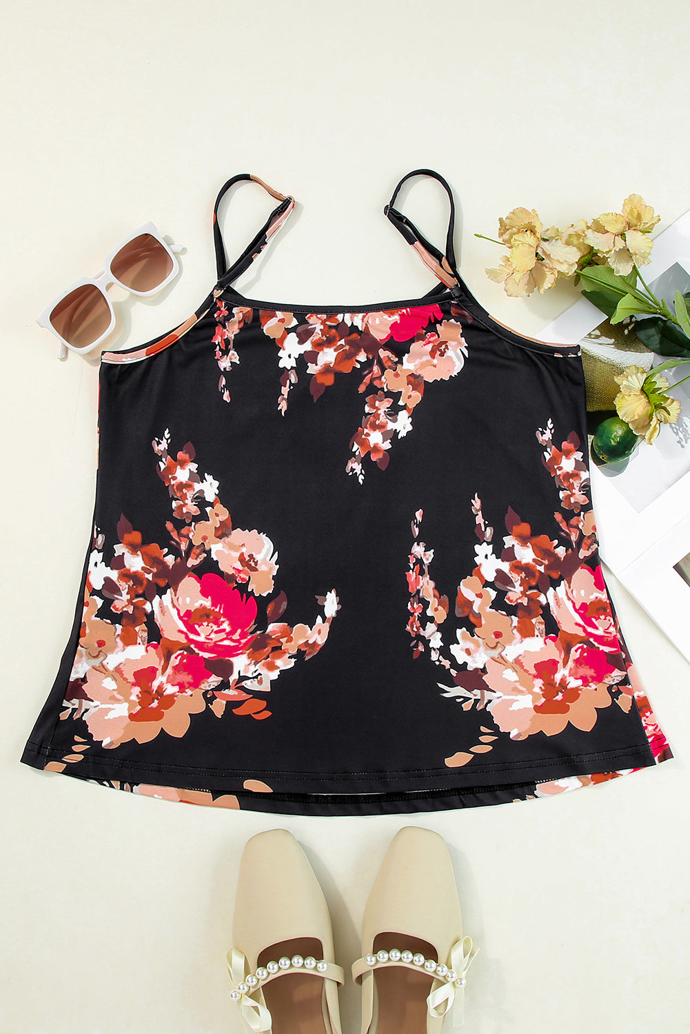 Floral Print Adjustable Spaghetti Strap V Neck Tank Top