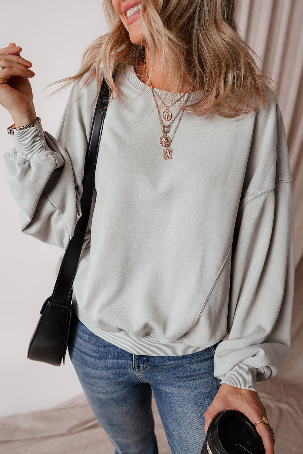 Exposed Seam Batwing Sleeve Drop Shoulder Sweatshirt