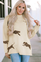 Lively Cheetah Print High Neck Split Hem Sweater