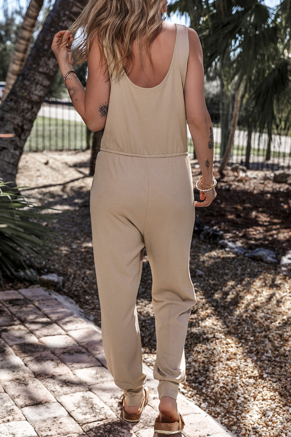 Drawstring Pockets Notched Neck Sleeveless Jogger Jumpsuit