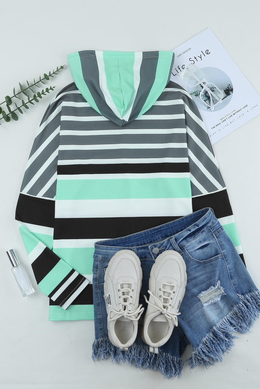 Striped Drawstring Long Sleeve Hoodie