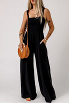 Smocked Sleeveless Wide Leg Jumpsuit with Pockets