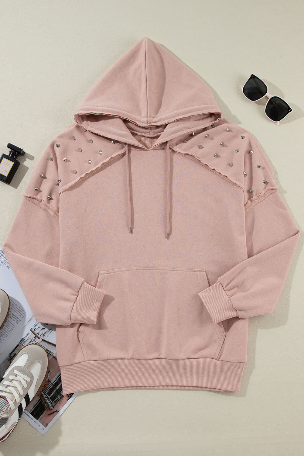 Solid Color Rivet Stud Raglan Sleeve Hoodie with Pocket