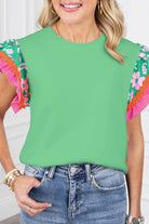 Light Green Contrast Ricrac Floral Sleeve Top