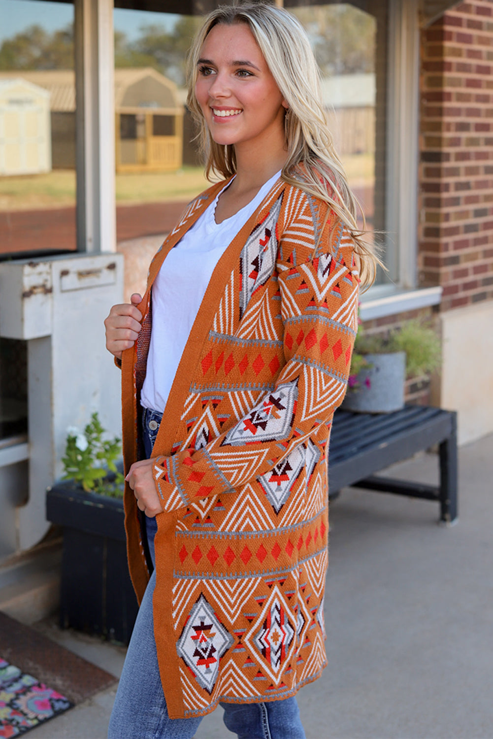 Aztec Geometric Knit Open Front Cardigan