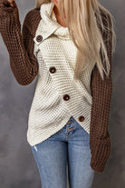 Brown Button Turtle Cowl Neck Asymmetric Hem Wrap Pullover Sweater