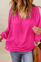 Pleated V Neck Puffy Sleeve Blouse