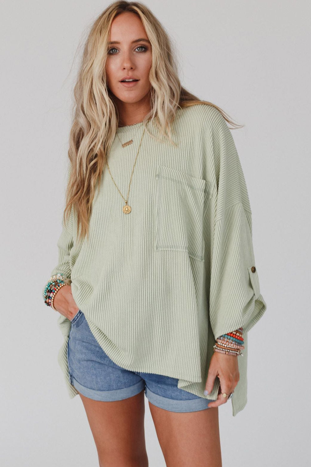 Ribbed Roll-tab Sleeve Chest Pocket Oversize Top