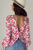 Floral Print Long Sleeve Open Back Blouse