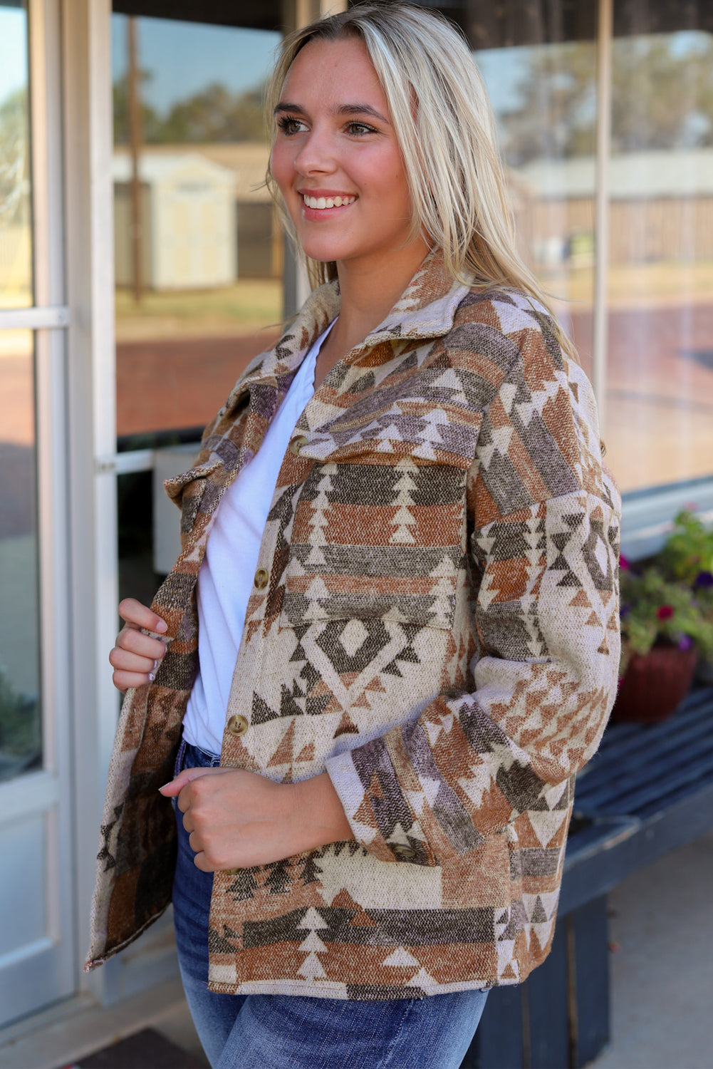 Aztec Print Flap Pocket Button-up Jacket