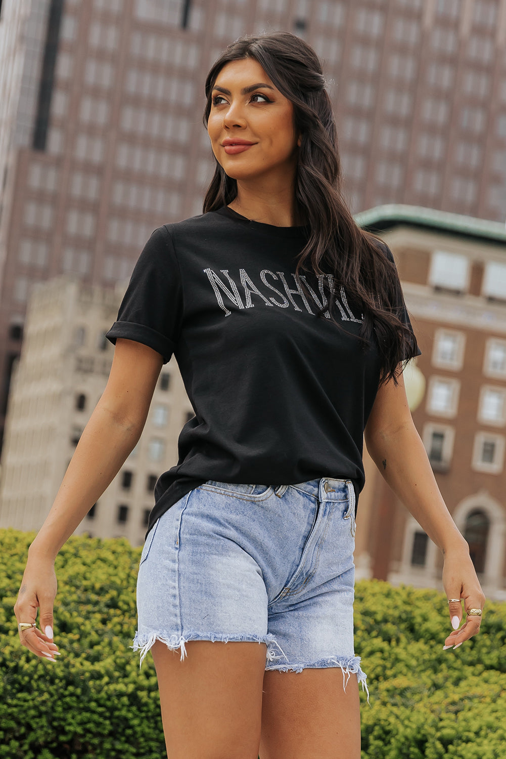 Rhinestone NASHVILLE Graphic Crewneck T Shirt