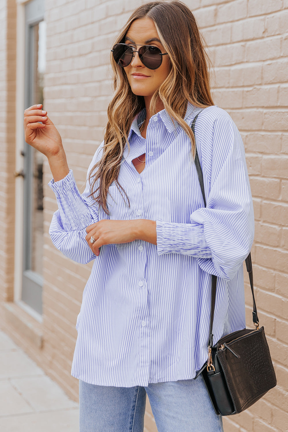 Smocked Cuffed Striped Boyfriend Shirt with Pocket