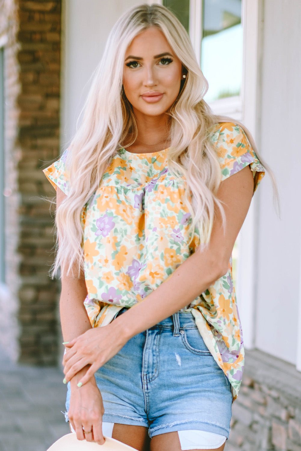 Floral Print Keyhole Back Short Sleeve Babydoll Blouse