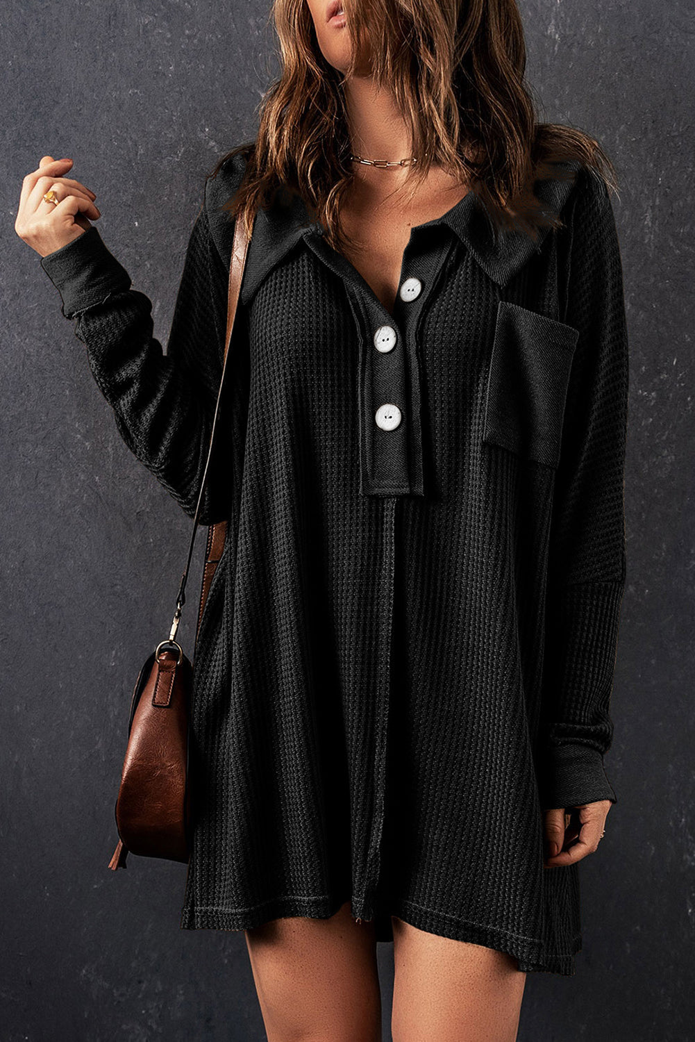 Waffle Knit Buttoned Long Sleeve Top