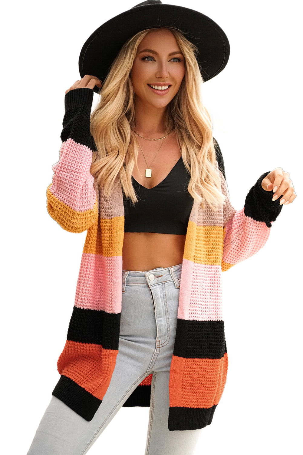 Multicolor Waffle Knit Color Block Open Front Cardigan