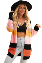 Multicolor Waffle Knit Color Block Open Front Cardigan