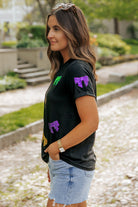 Mardi Gras Sequin Bow Knot Crew Neck T Shirt