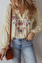 Paisley Floral Embroidered Notch V Neck Blouse