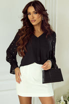 Pearl Mesh Flounce Sleeve V Neck Blouse