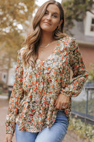 V Neck Ruffled Babydoll Floral Blouse