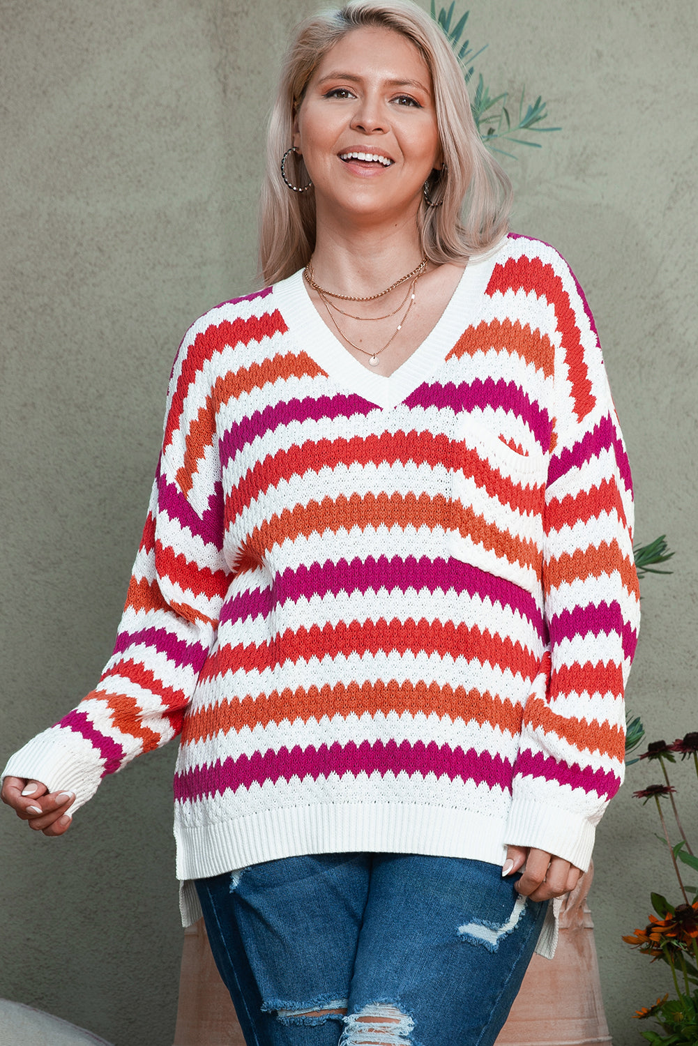 V Neck Drop Shoulder Plus Size Sweater