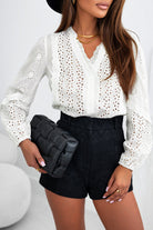 Eyelet Lace Puff Sleeve Split Neck Blouse