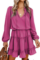 V Neck Long Sleeve Ruffle Tiered Mini Dress