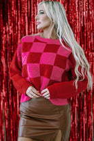 Checkered Pattern Heart Detail Textured Sweater