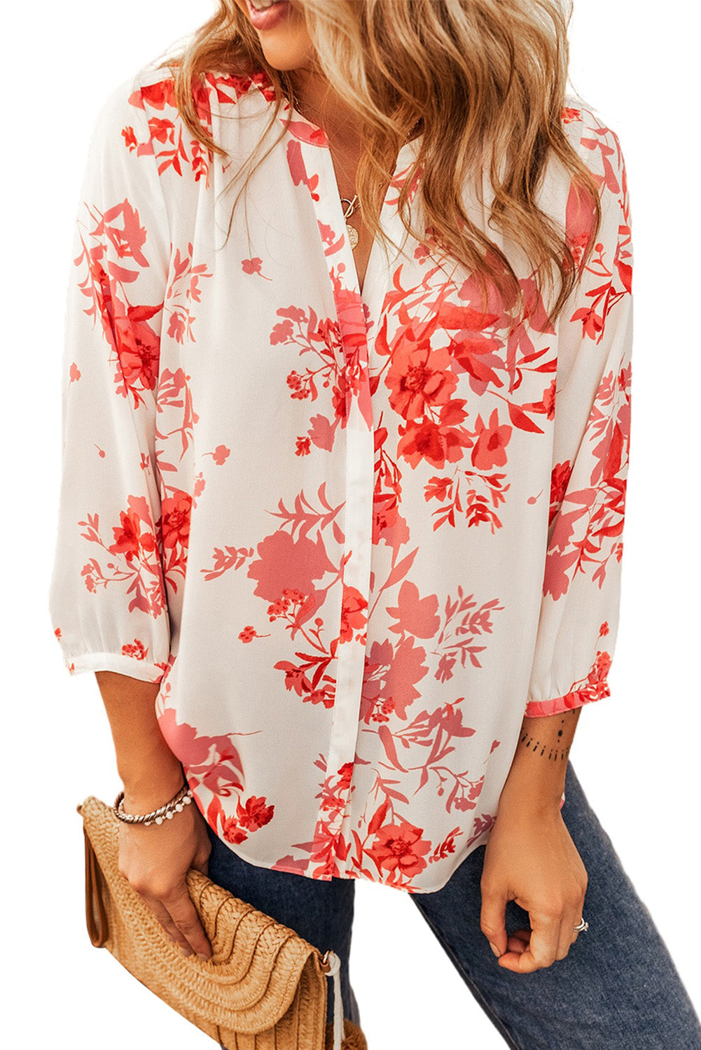 Plant Print Pleated Back V Neck Shift Casual Shirt