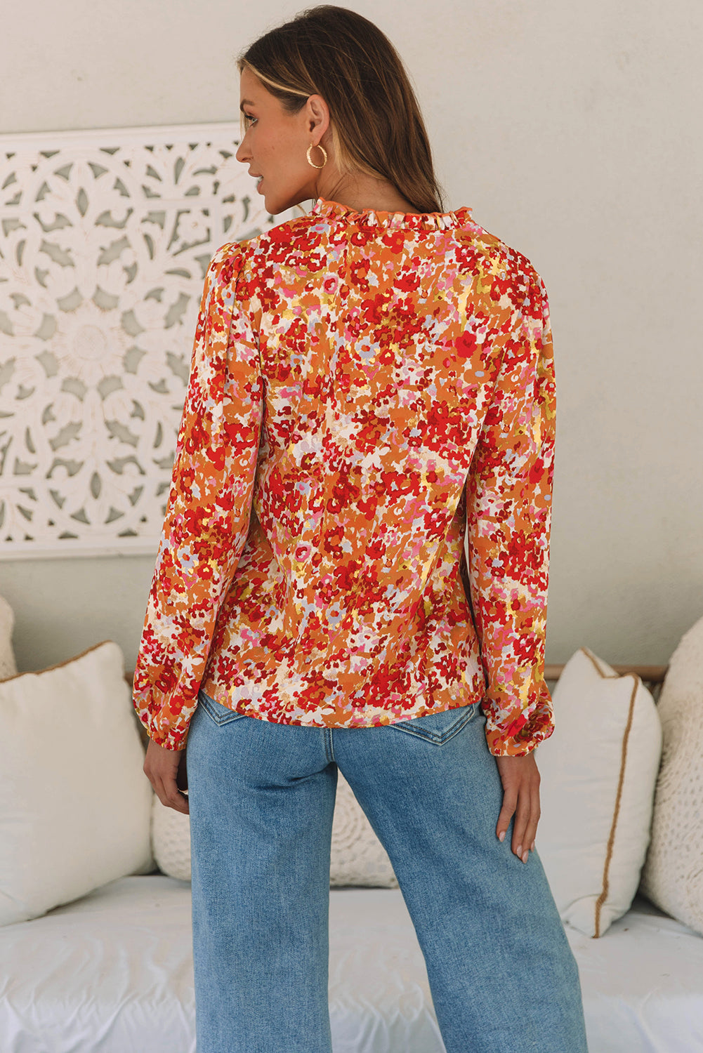 Frilled Split Neck Bubble Sleeve Floral Blouse