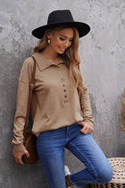 Button Front Turn-down Neck Knit Top