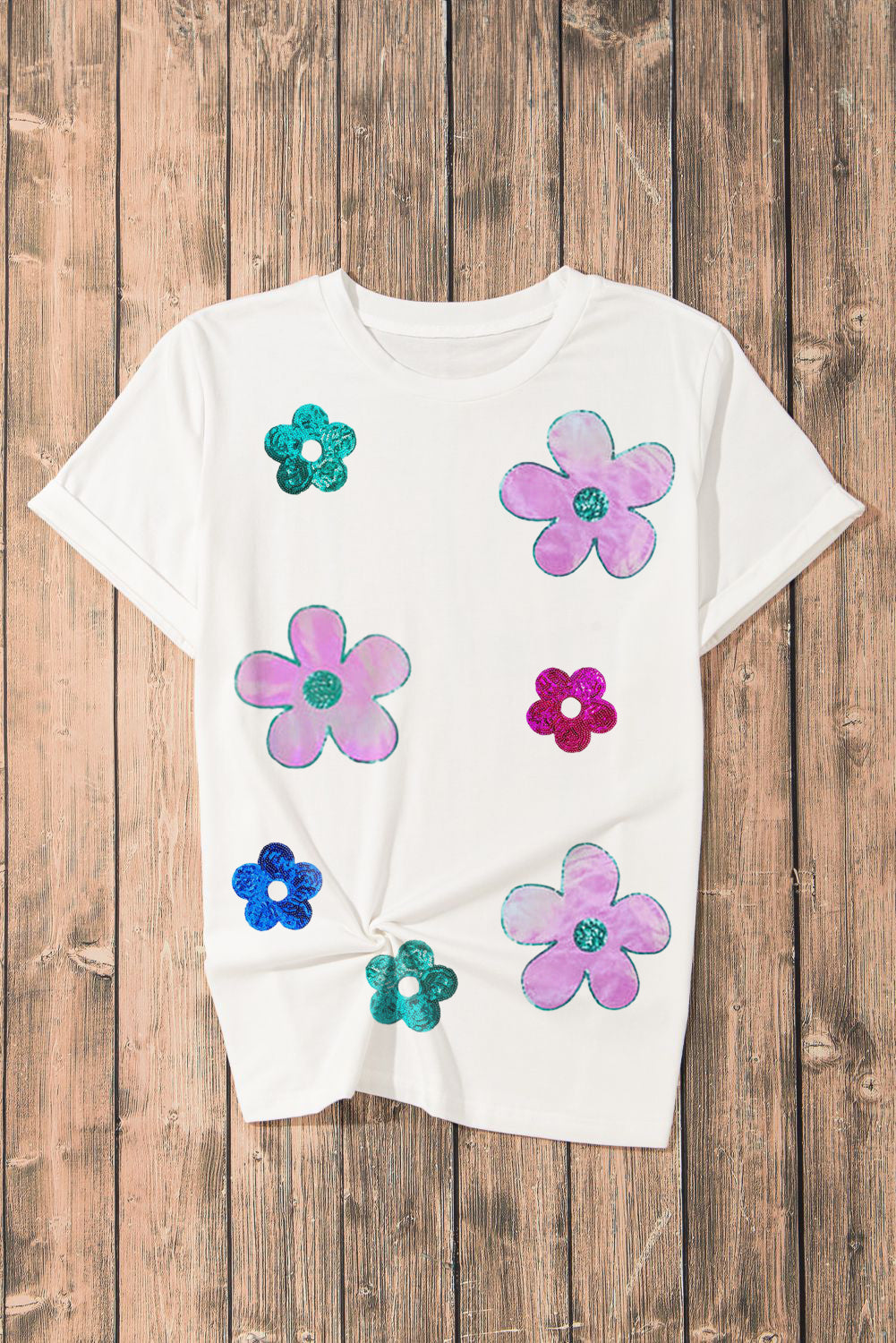 Sequined Flower Pattern Round Neck T Shirt