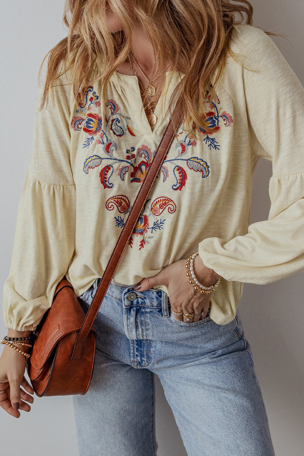 Paisley Floral Embroidered Notch V Neck Blouse