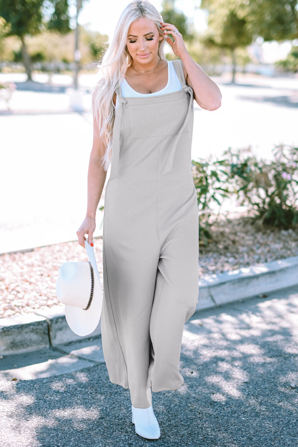 Textured Self-Tie Strap Wide-Leg Overalls