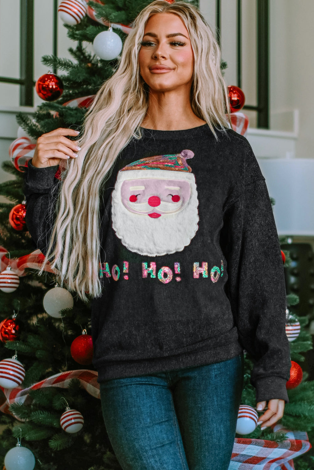 Sequin HO HO HO Santa Claus Graphic Corded Sweatshirt