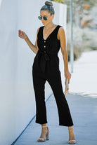 Black V Neck Button Belted Jumpsuit with Pockets