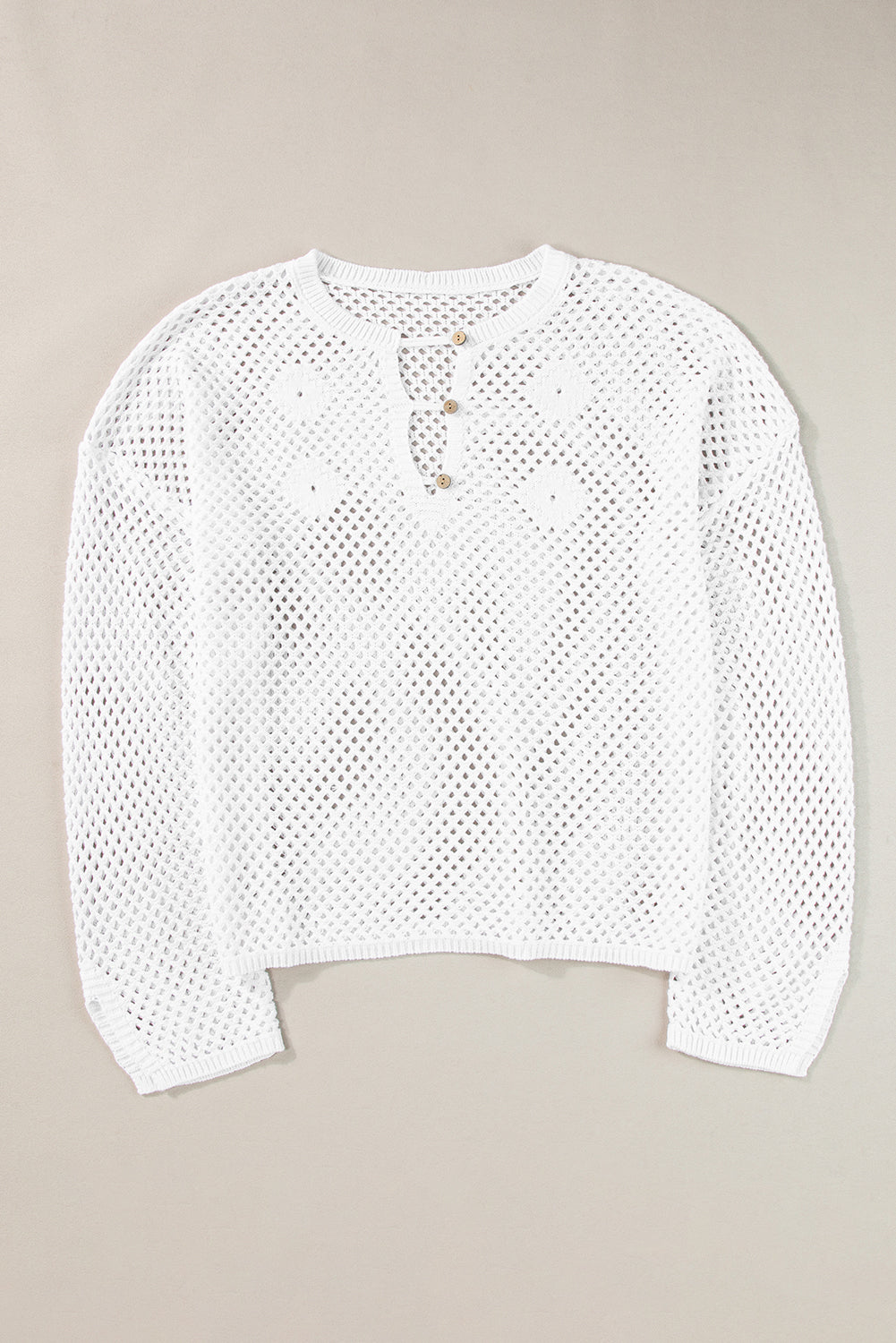 Open Knit Buttoned Neck Split Sleeve Sweater