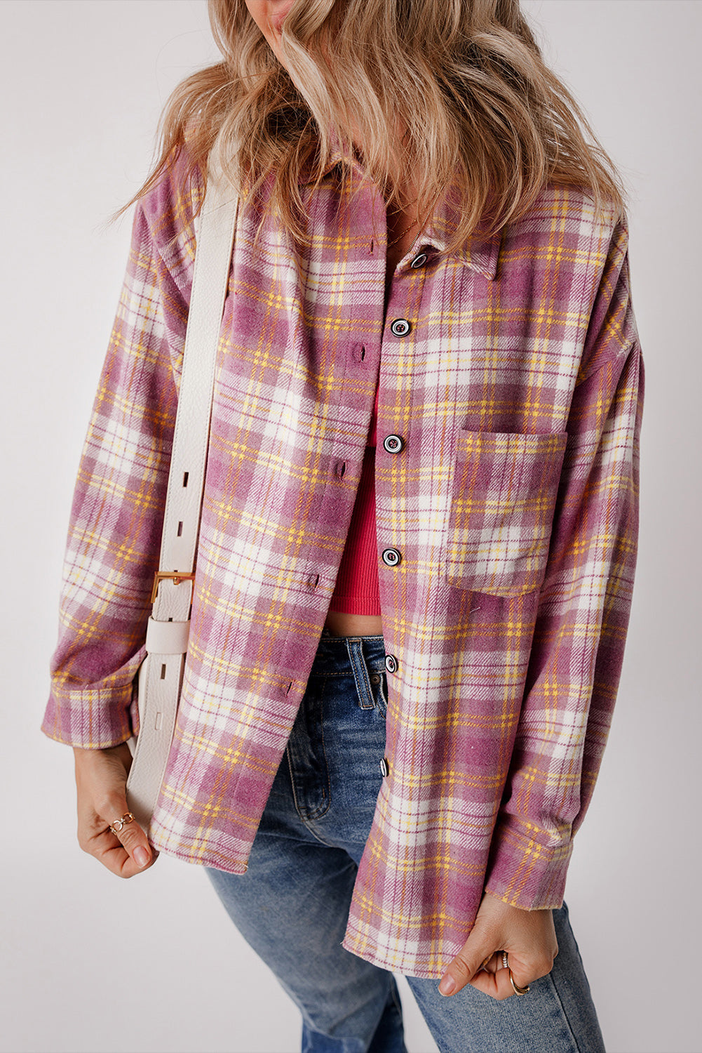 Plaid Print Chest Pocket Long Sleeve Shacket