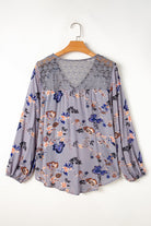 Floral Print Lace Patchwork Knot Front V Neck Blouse