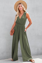 Deep V Pleated Crisscross Wide Leg Backless Jumpsuit