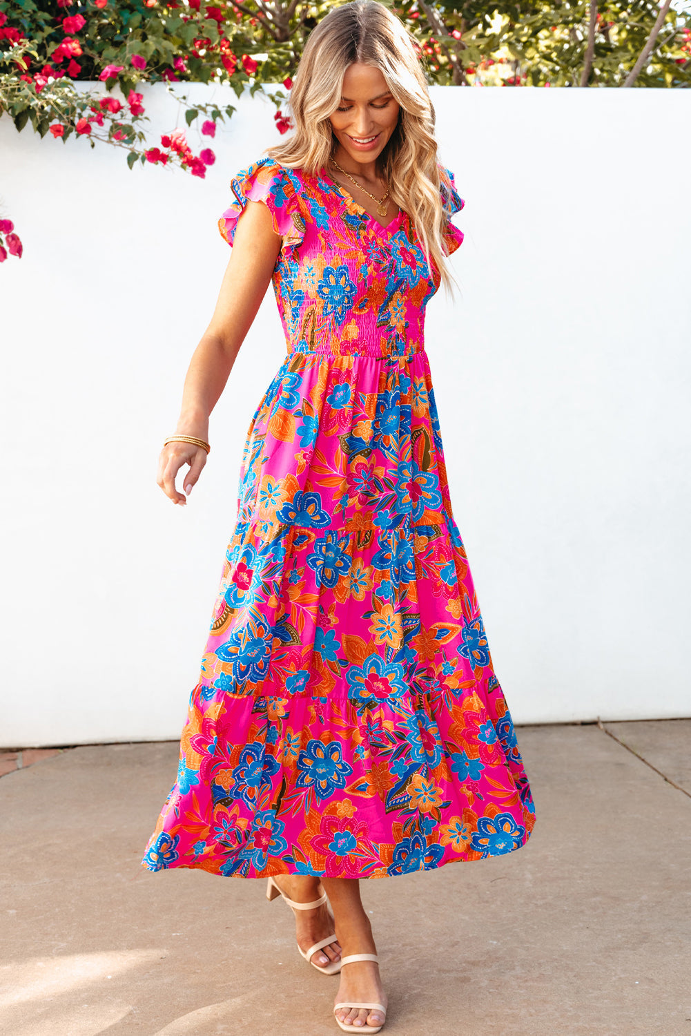 Boho Floral V Neck Ruffle Tiered Long Dress