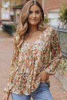 V Neck Ruffled Babydoll Floral Blouse