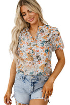 Split V Neck Puff Sleeve Flower Print Blouse