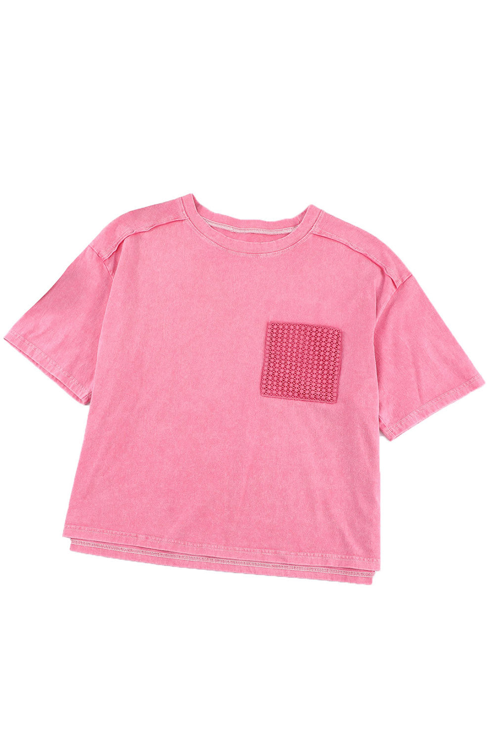 Pink Acid Wash Lace Patch Pocket T-Shirt